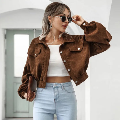 Stylish Cropped Bomber Jacket with Lantern Sleeves for Women Liograft