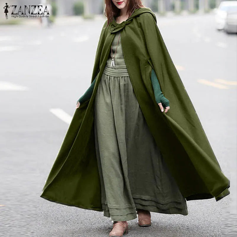 Stylish Long Cape Cloak ZANZEA Women Hooded Wool Blend Cloak Coat Autumn Hoodies Poncho Warm Cosplay Jackets Outwear Windbreaker - Premium  from Liograft - Just $65.95! Shop now at Liograft