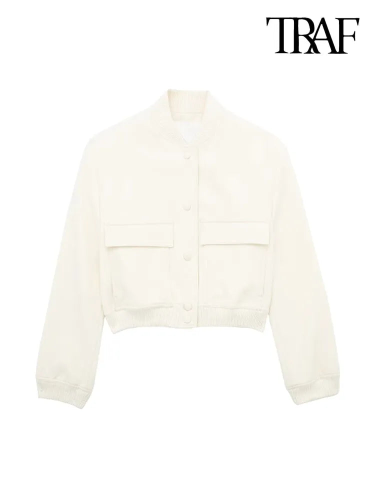 Stylish TRAF Women's Vintage Cropped Bomber Jacket with Front Pockets - Premium  from Liograft - Just $64.95! Shop now at Liograft