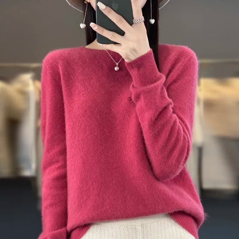 Elegant and Comfortable O-Neck Merino Wool Cashmere Sweater for Women-Liograft