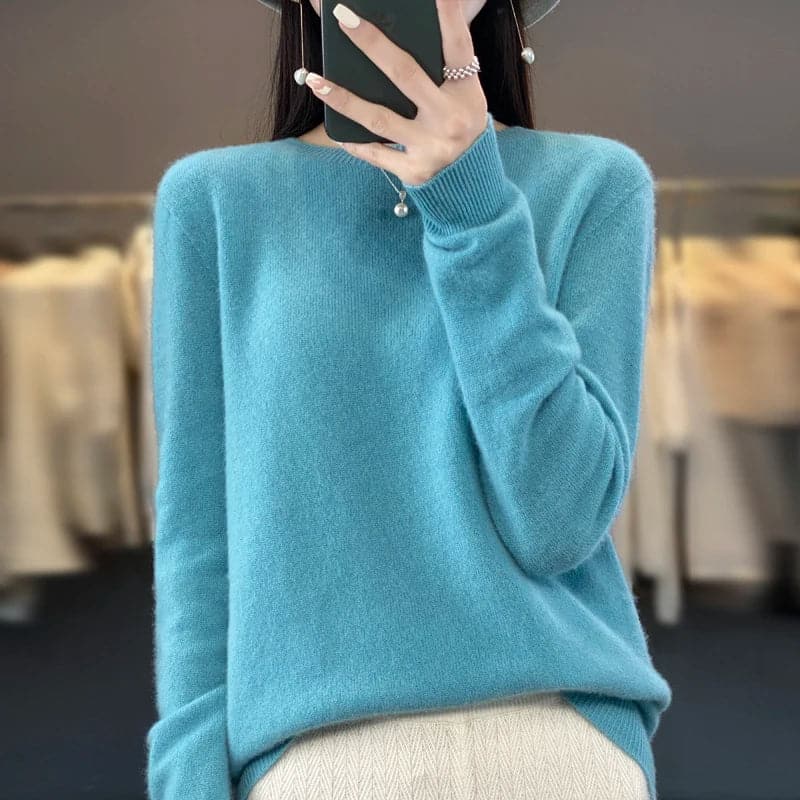 Elegant and Comfortable O-Neck Merino Wool Cashmere Sweater for Women-Liograft