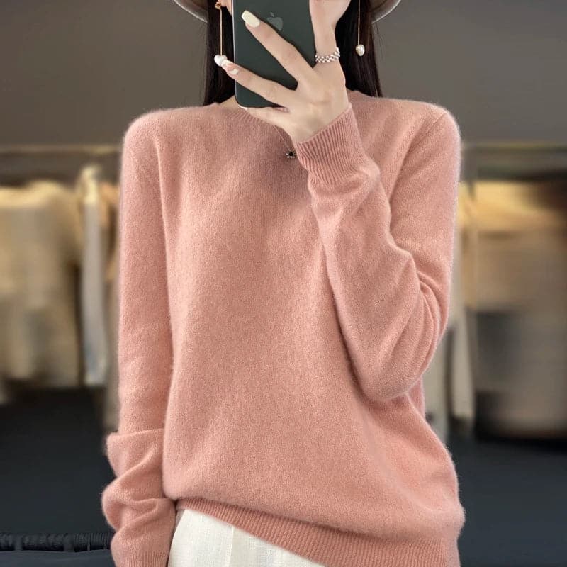 Elegant and Comfortable O-Neck Merino Wool Cashmere Sweater for Women-Liograft