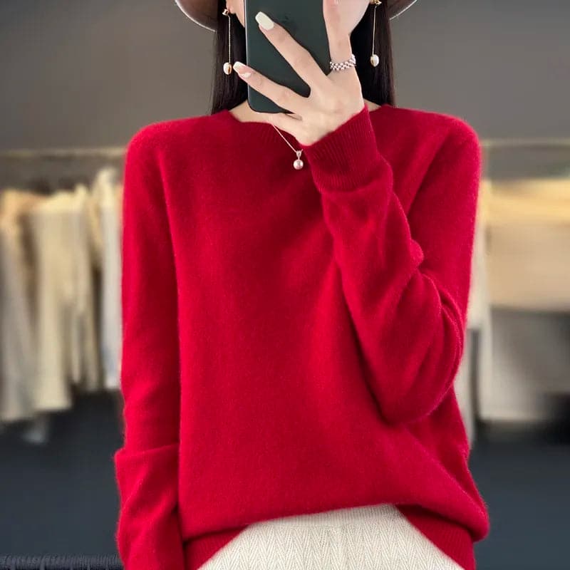 Elegant and Comfortable O-Neck Merino Wool Cashmere Sweater for Women-Liograft