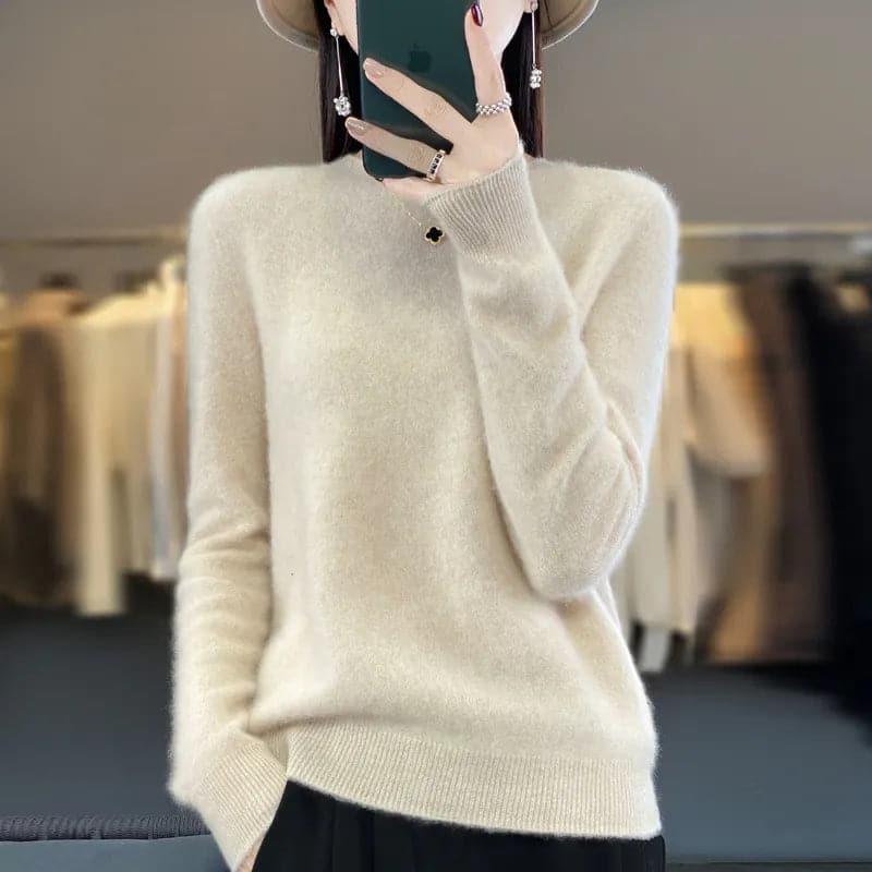 Elegant and Comfortable O-Neck Merino Wool Cashmere Sweater for Women-Liograft