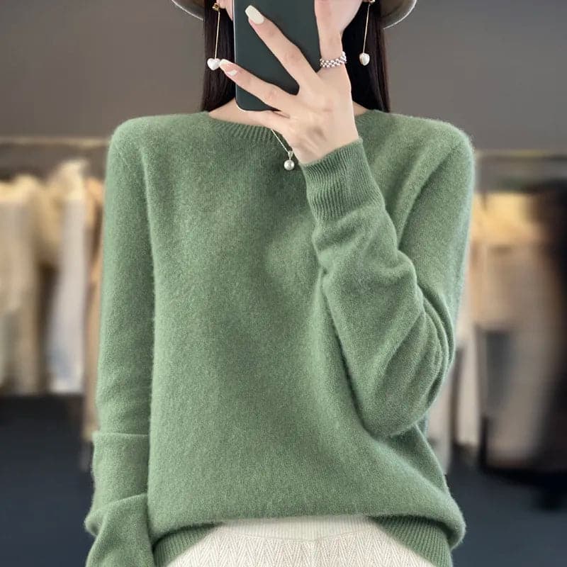 Elegant and Comfortable O-Neck Merino Wool Cashmere Sweater for Women-Liograft