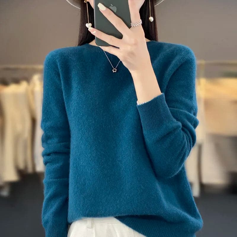 Elegant and Comfortable O-Neck Merino Wool Cashmere Sweater for Women-Liograft