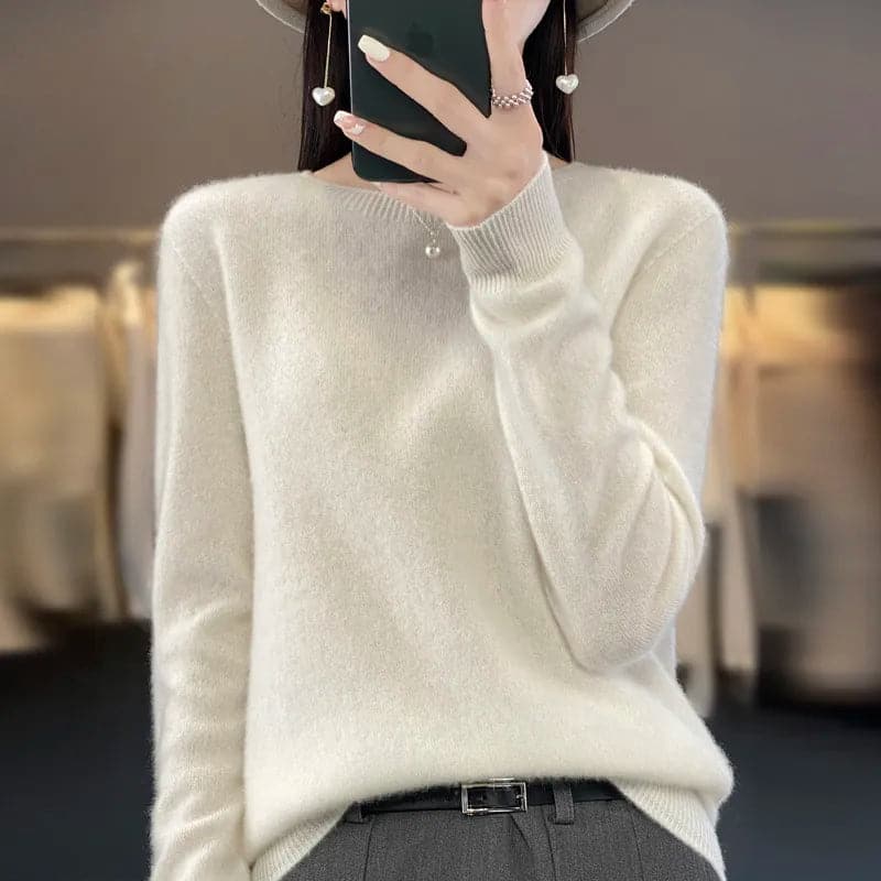 Elegant and Comfortable O-Neck Merino Wool Cashmere Sweater for Women-Liograft