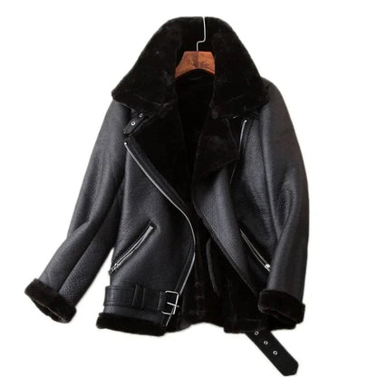 Elegant Aviator Style Faux Leather Winter Coat for Women-Liograft