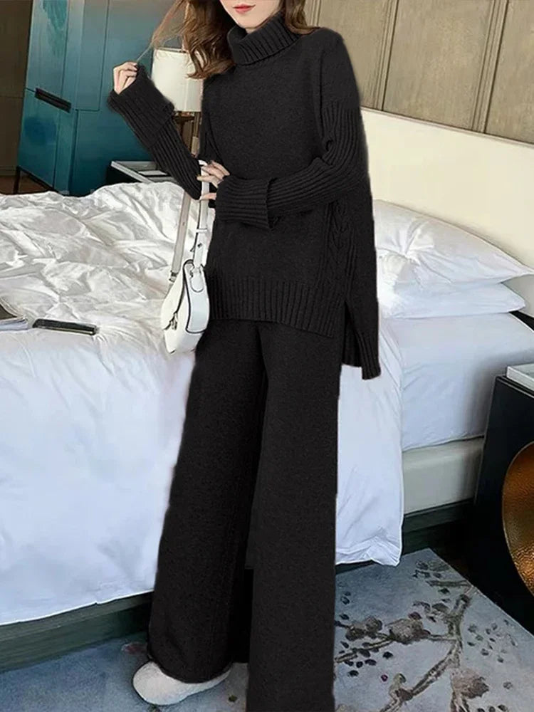 Sweater Set Warm suit for Women Winter Knitted Suits 2 Piece Set Soild Turtleneck Sweater + Loose Trousers Office Lady Suit Liograft
