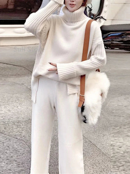 Sweater Set Warm suit for Women Winter Knitted Suits 2 Piece Set Soild Turtleneck Sweater + Loose Trousers Office Lady Suit Liograft