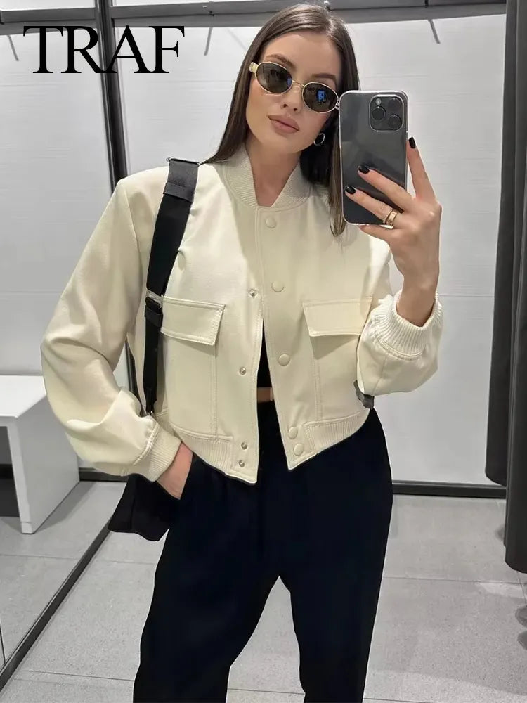 TRAF Vintage Solid Long Sleeve Bomber Jacket for Timeless Sophisticated Style - Premium  from Liograft - Just $55.95! Shop now at Liograft