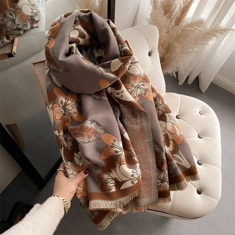 Luxurious Floral Cashmere Pashmina Winter Poncho Scarf-Liograft