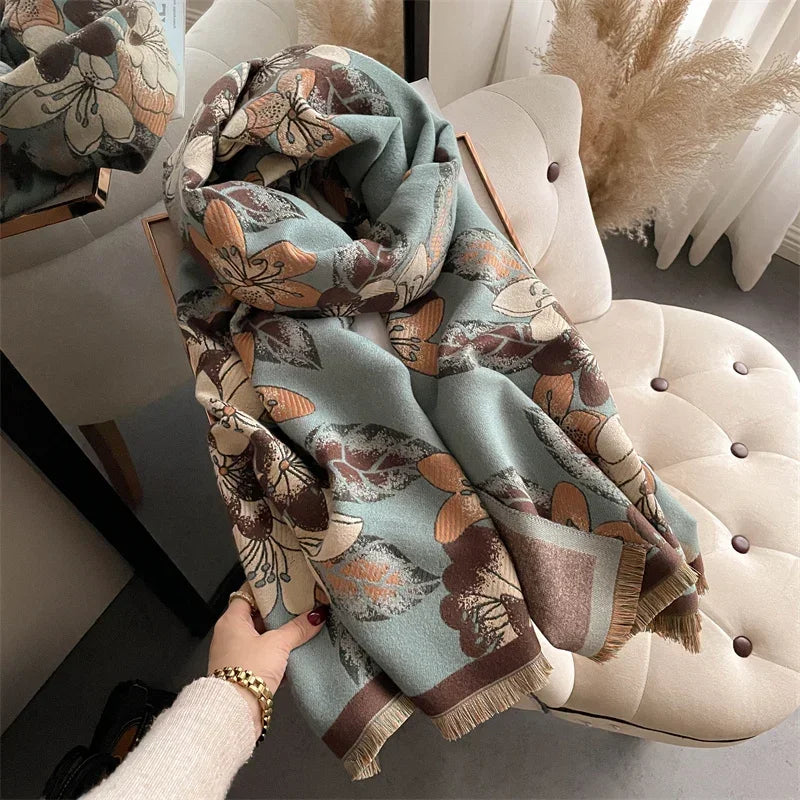 Luxurious Floral Cashmere Pashmina Winter Poncho Scarf-Liograft