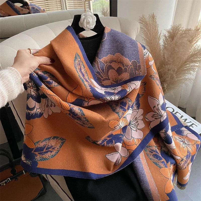 Luxurious Floral Cashmere Pashmina Winter Poncho Scarf-Liograft