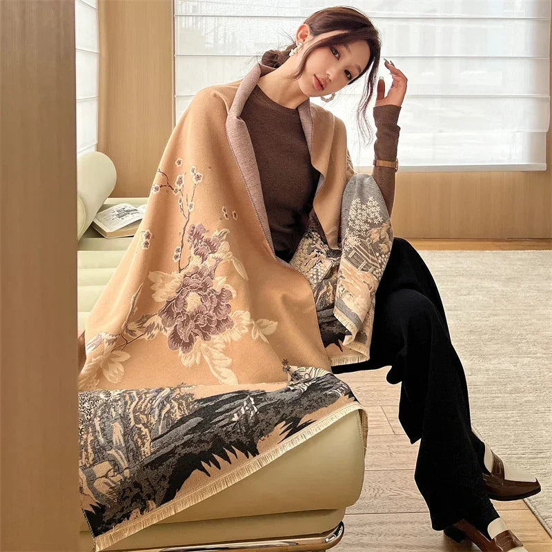 Luxurious Floral Cashmere Pashmina Winter Poncho Scarf-Liograft