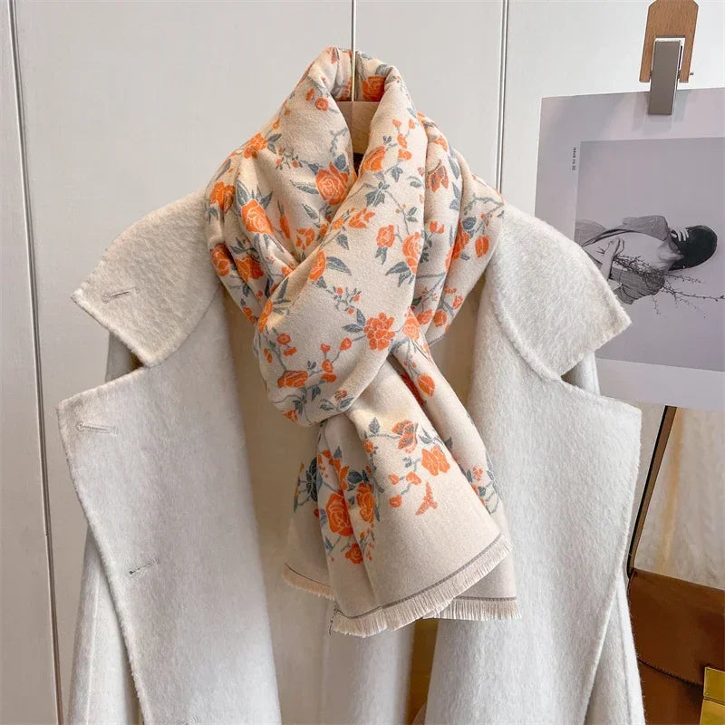 Luxurious Floral Cashmere Pashmina Winter Poncho Scarf-Liograft