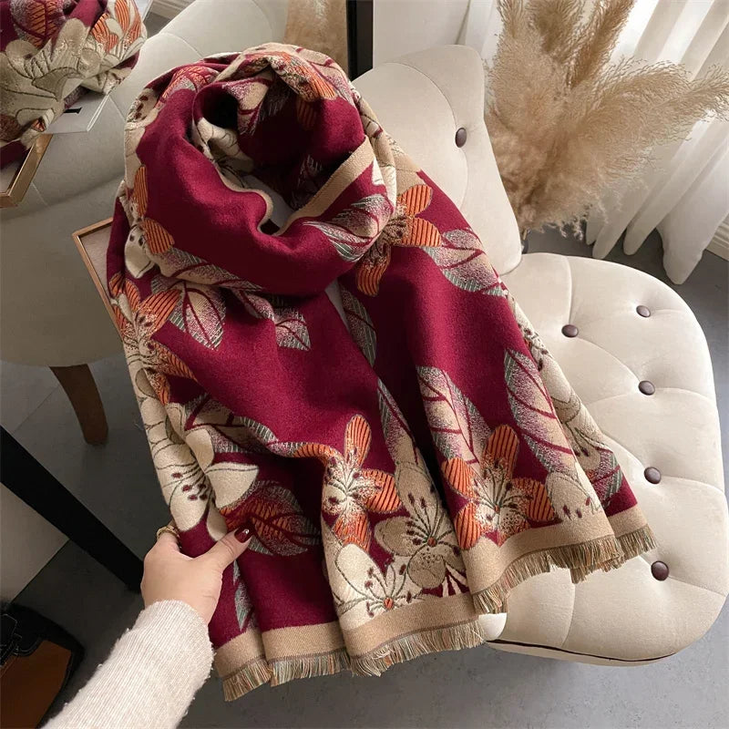 Luxurious Floral Cashmere Pashmina Winter Poncho Scarf-Liograft