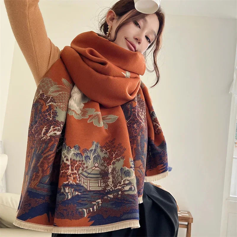 Luxurious Floral Cashmere Pashmina Winter Poncho Scarf-Liograft