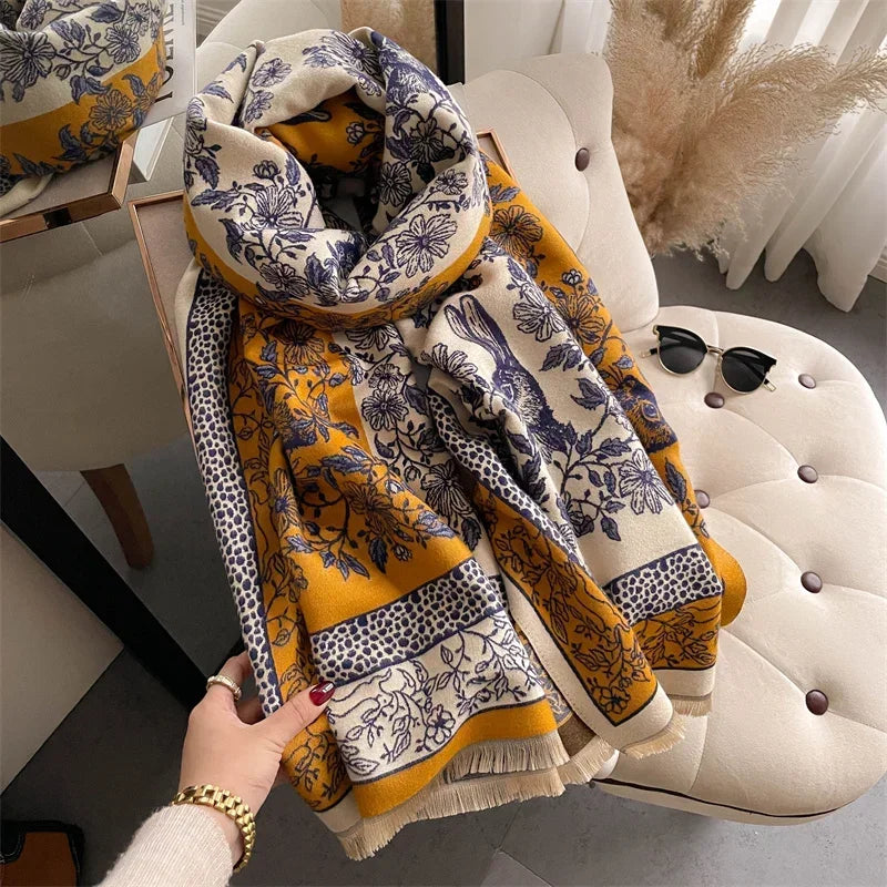 Luxurious Floral Cashmere Pashmina Winter Poncho Scarf-Liograft