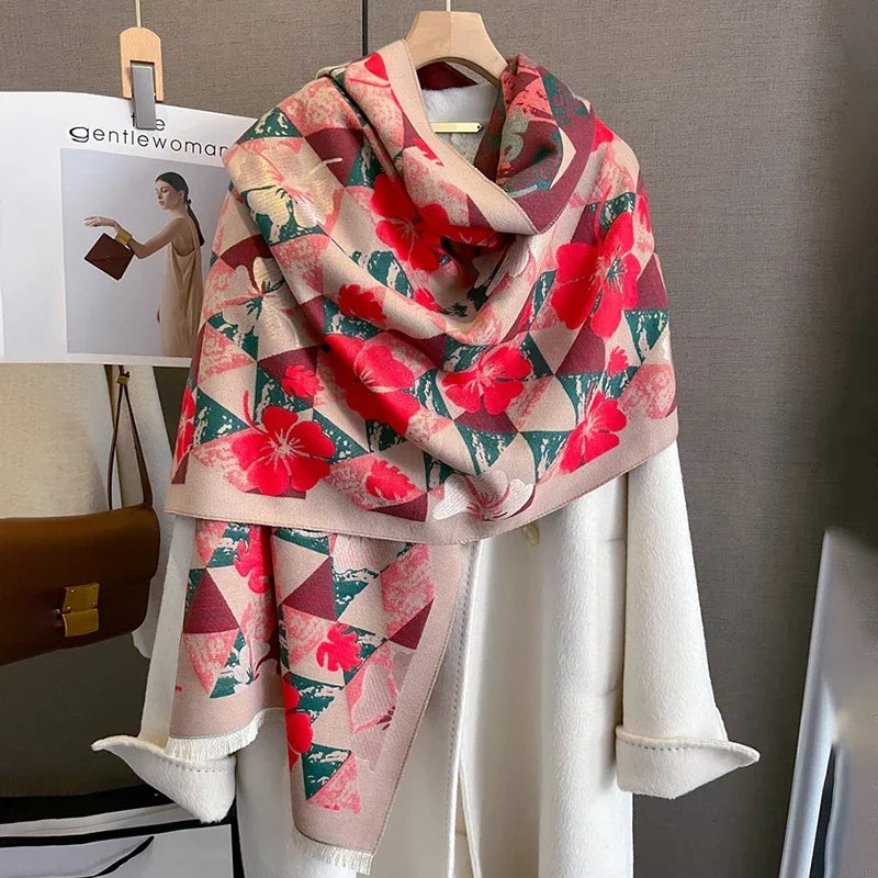 Luxurious Floral Cashmere Pashmina Winter Poncho Scarf-Liograft