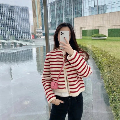 Trendy Korean Fashion Striped Knit Cardigan - Women's Casual Long Sleeve Sweater - Premium  from Liograft - Just $29.95! Shop now at Liograft