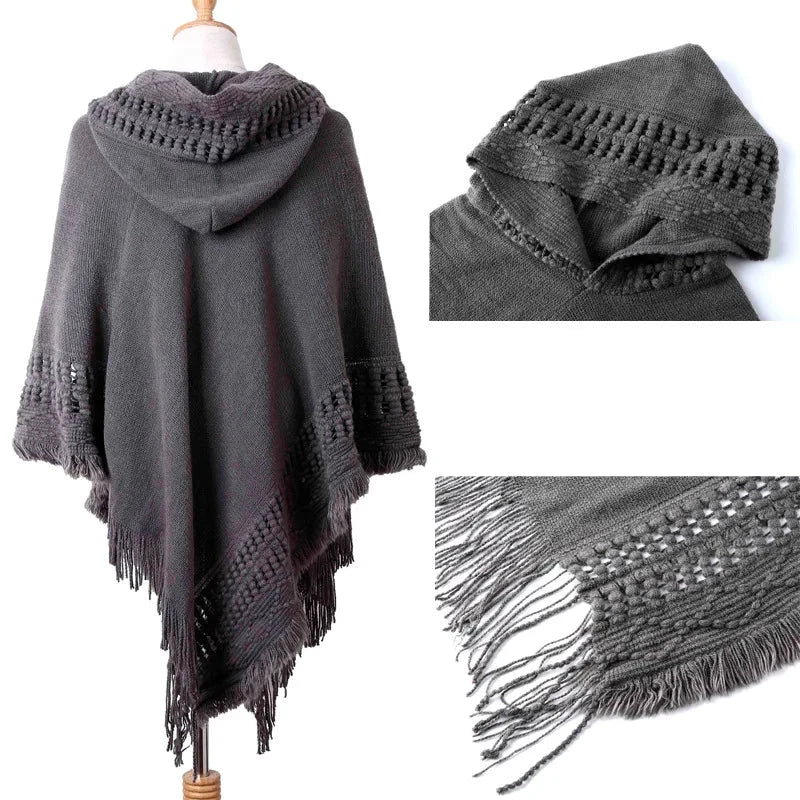 Stylish Bohemian Tassel Poncho with Oblique Stripes Liograft