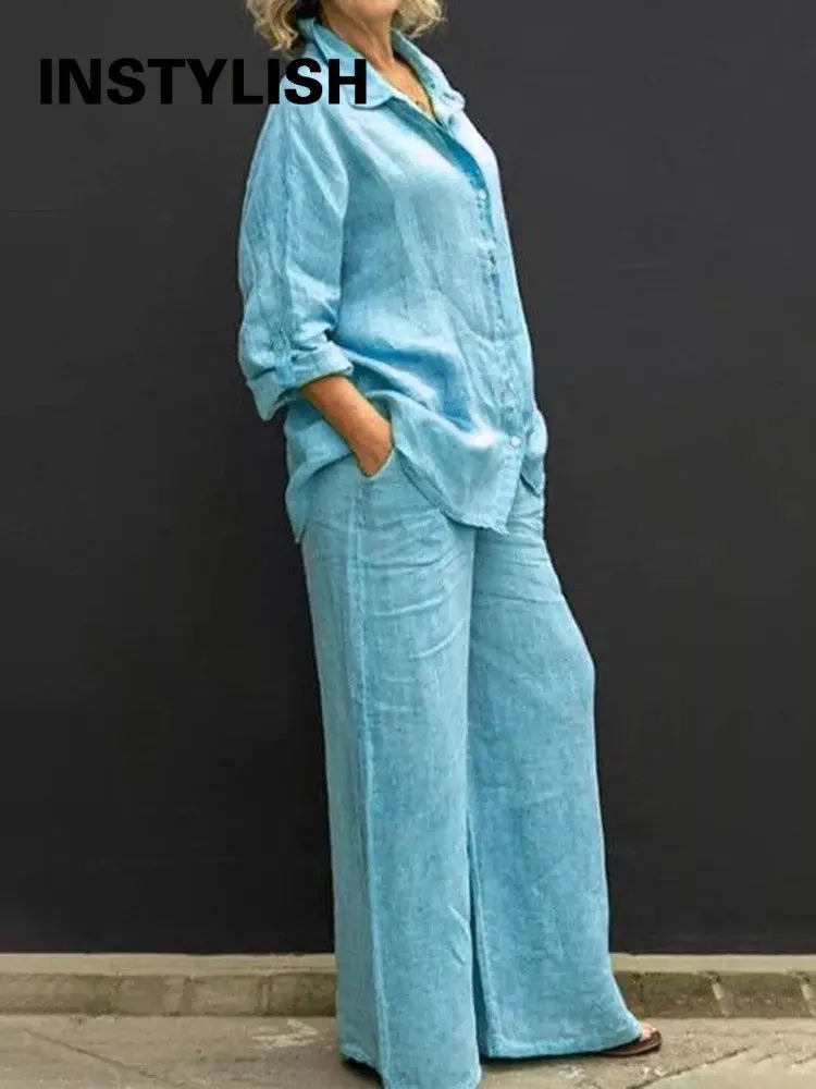 Vintage Style Women's Autumn Linen Lapel Shirt and Pants Set Liograft