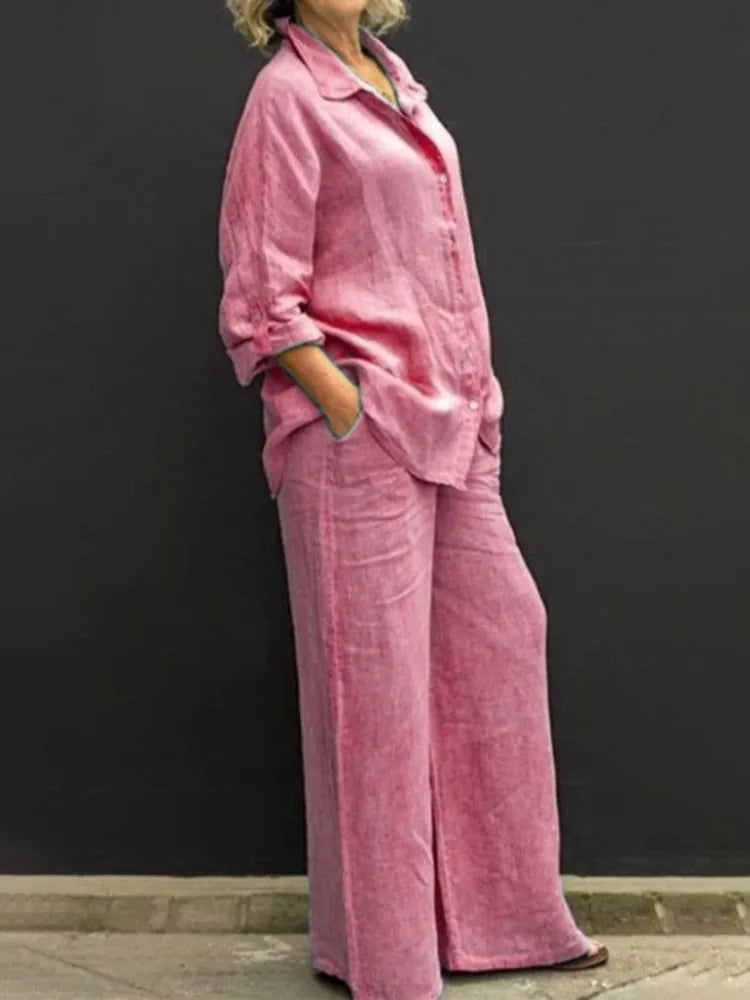 Vintage Style Women's Autumn Linen Lapel Shirt and Pants Set Liograft