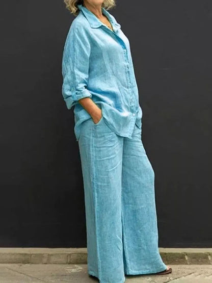 Vintage Style Women's Autumn Linen Lapel Shirt and Pants Set Liograft