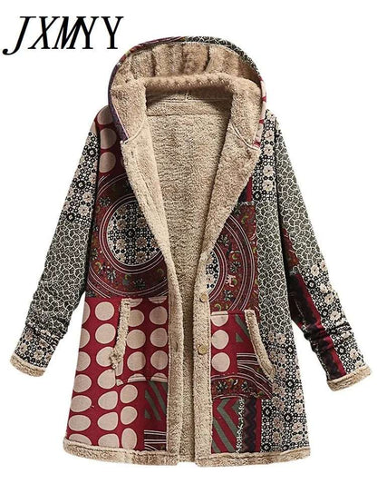 Vintage Style Women's Warm Fleece Hooded Long Coat with Print and Pockets for 2023 - Premium  from Liograft - Just $46.95! Shop now at Liograft