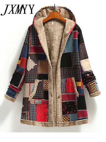Vintage Style Women's Warm Fleece Hooded Long Coat with Print and Pockets for 2023 - Premium  from Liograft - Just $46.95! Shop now at Liograft