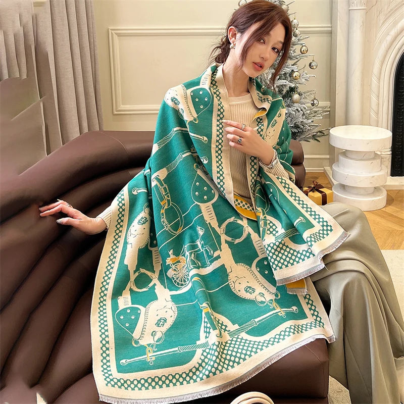 Warm Cashmere Poncho Women Scarf Luxury Horse Print Pashmina Winter Shawl Warp Bufanda Elegant Thick Casual Blanket Echarpe 2023 Liograft