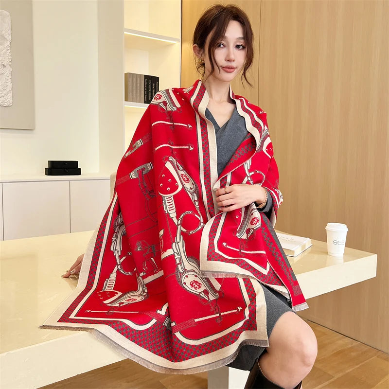 Warm Cashmere Poncho Women Scarf Luxury Horse Print Pashmina Winter Shawl Warp Bufanda Elegant Thick Casual Blanket Echarpe 2023 Liograft