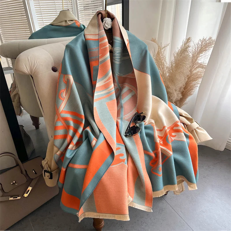 Warm Cashmere Poncho Women Scarf Luxury Horse Print Pashmina Winter Shawl Warp Bufanda Elegant Thick Casual Blanket Echarpe 2023 Liograft