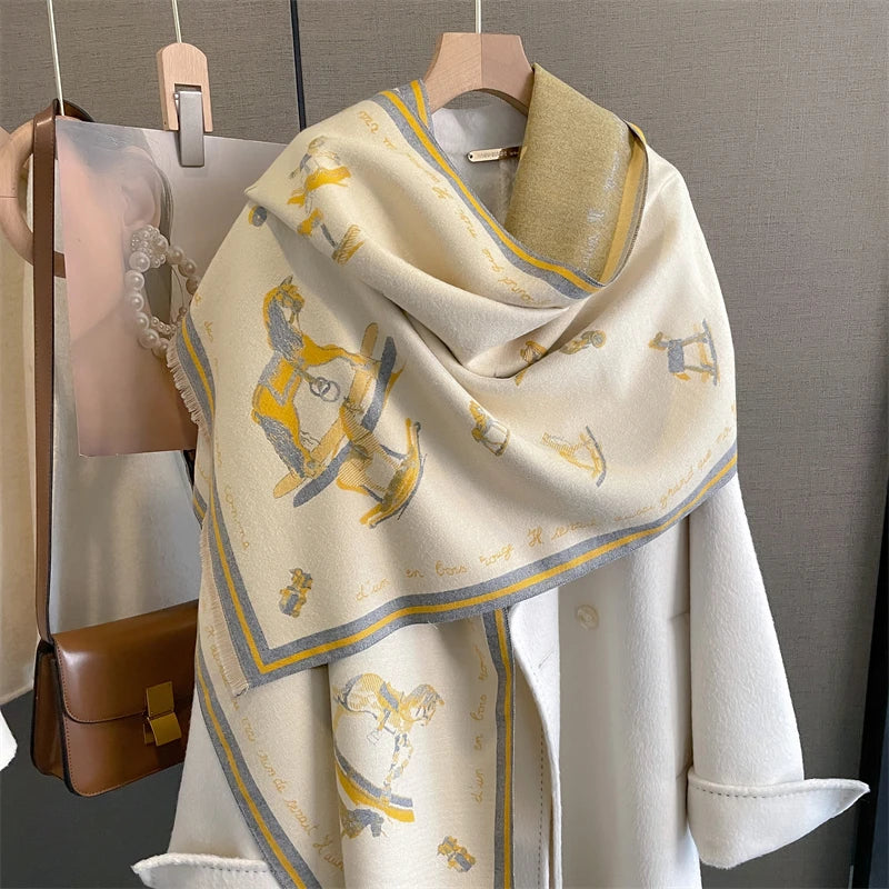 Warm Cashmere Poncho Women Scarf Luxury Horse Print Pashmina Winter Shawl Warp Bufanda Elegant Thick Casual Blanket Echarpe 2023 Liograft