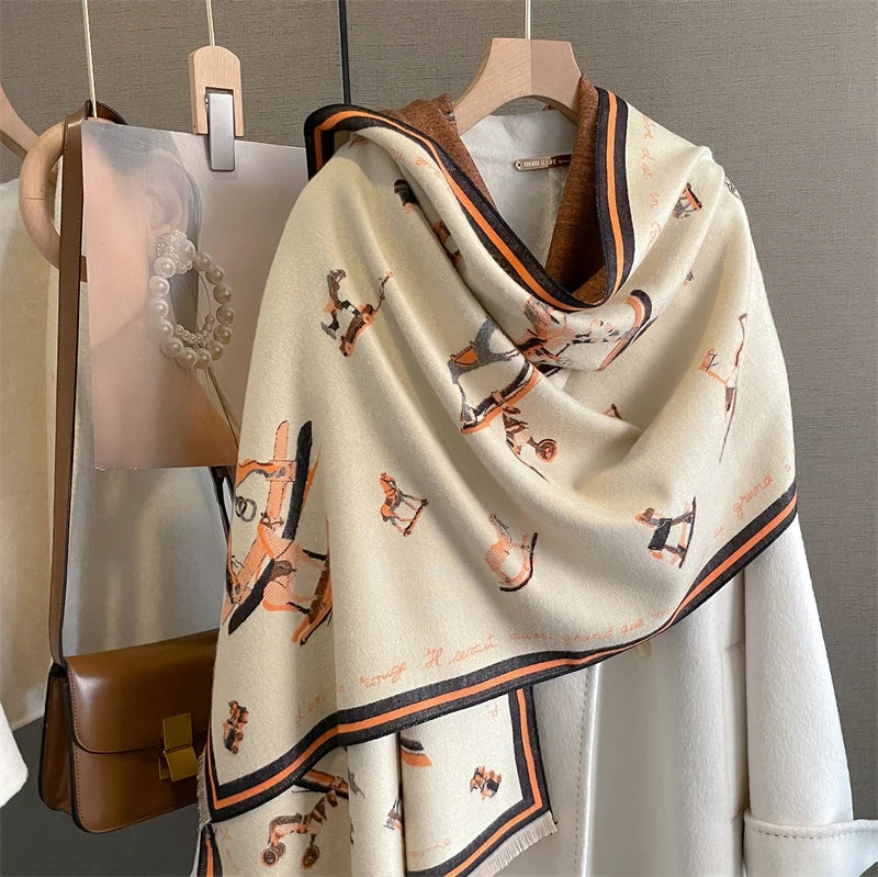 Warm Cashmere Poncho Women Scarf Luxury Horse Print Pashmina Winter Shawl Warp Bufanda Elegant Thick Casual Blanket Echarpe 2023 Liograft