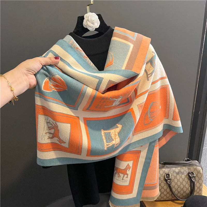 Warm Cashmere Poncho Women Scarf Luxury Horse Print Pashmina Winter Shawl Warp Bufanda Elegant Thick Casual Blanket Echarpe 2023 Liograft