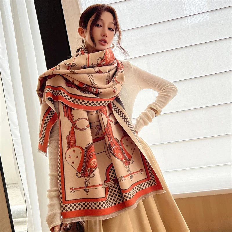 Warm Cashmere Poncho Women Scarf Luxury Horse Print Pashmina Winter Shawl Warp Bufanda Elegant Thick Casual Blanket Echarpe 2023 Liograft