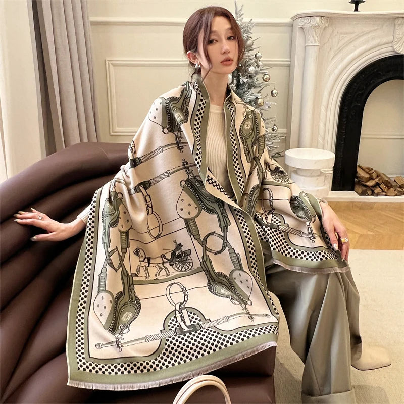 Warm Cashmere Poncho Women Scarf Luxury Horse Print Pashmina Winter Shawl Warp Bufanda Elegant Thick Casual Blanket Echarpe 2023 Liograft