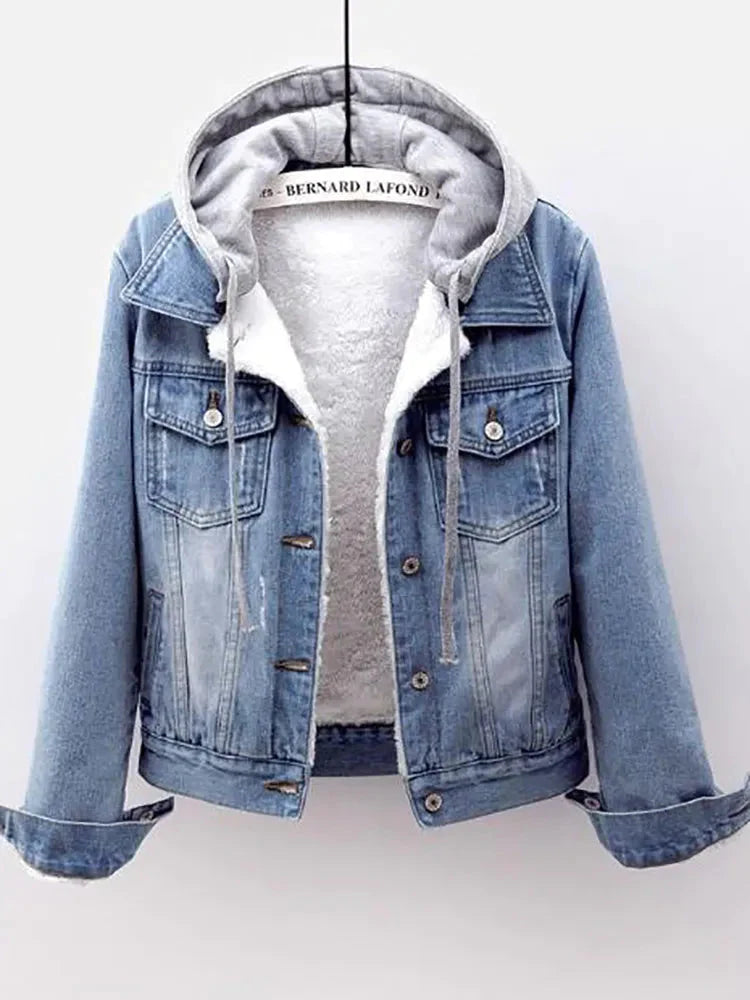 Warm Fleece Hooded Slim Fit Denim Jacket for Women with Pockets Liograft