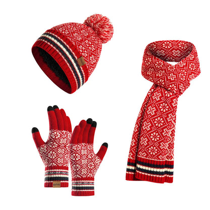 Women Winter Keep Warm Set Fleece Lining Beanie Telefingers Gloves Thicken Scarf Christmas Hat Snow Design Neckerchief  3 Pieces Liograft