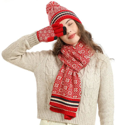 Women Winter Keep Warm Set Fleece Lining Beanie Telefingers Gloves Thicken Scarf Christmas Hat Snow Design Neckerchief  3 Pieces - Premium  from Liograft - Just $51.95! Shop now at Liograft