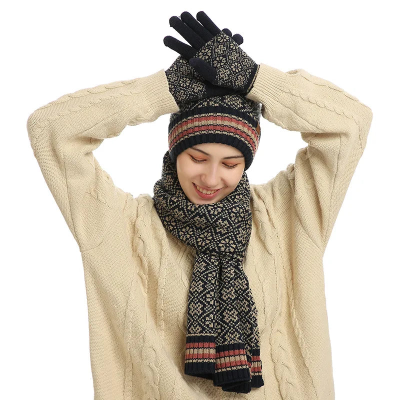 Women Winter Keep Warm Set Fleece Lining Beanie Telefingers Gloves Thicken Scarf Christmas Hat Snow Design Neckerchief  3 Pieces Liograft