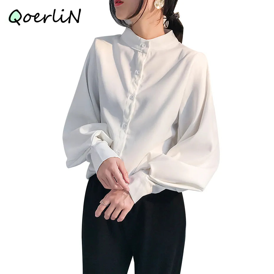 Women's Lantern Sleeve Stand Collar Blouse - Casual Office Wear for Autumn and Winter - Premium  from Liograft - Just $35.95! Shop now at Liograft