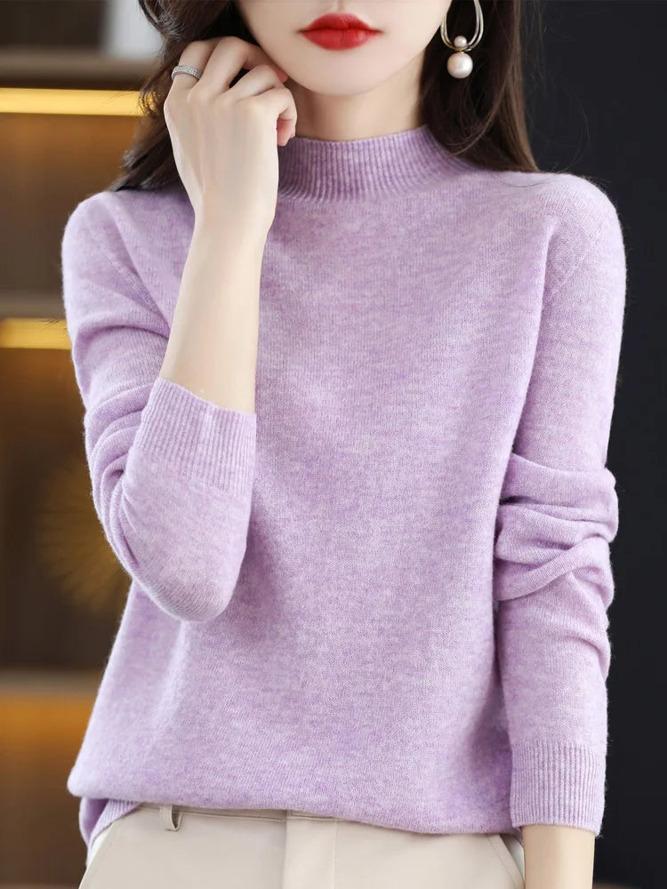 Women's Merino Wool Cashmere Knit Sweater with Mock-Neck and Long Sleeves by Aliselect Fashion Liograft