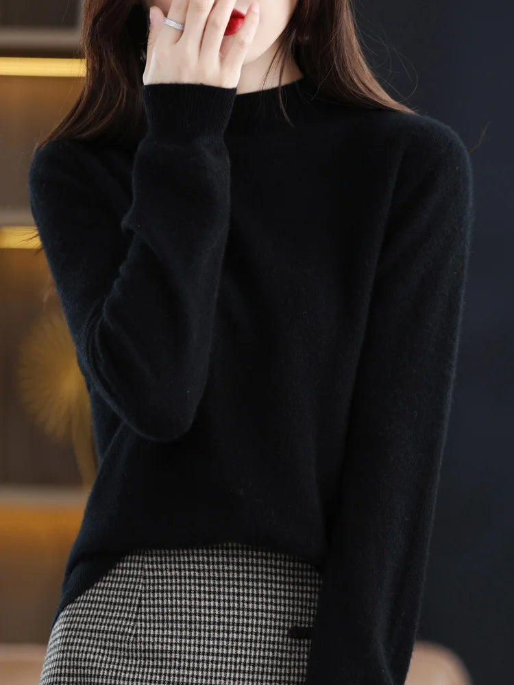Women's Merino Wool Cashmere Knit Sweater with Mock-Neck and Long Sleeves by Aliselect Fashion Liograft