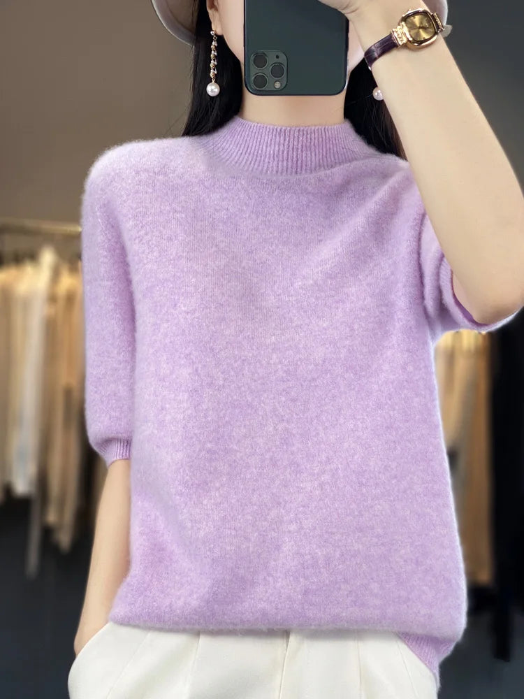 Women's Mock-Neck Cashmere and Merino Wool Spring Sweater with Half Sleeves Liograft