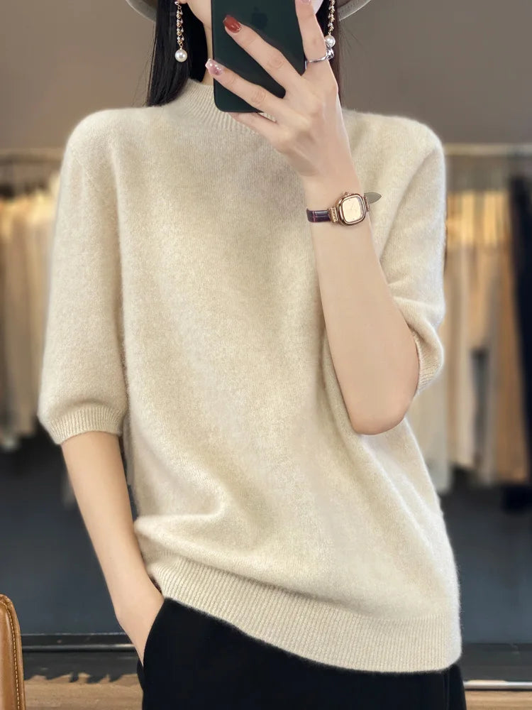 Women's Mock-Neck Cashmere and Merino Wool Spring Sweater with Half Sleeves Liograft