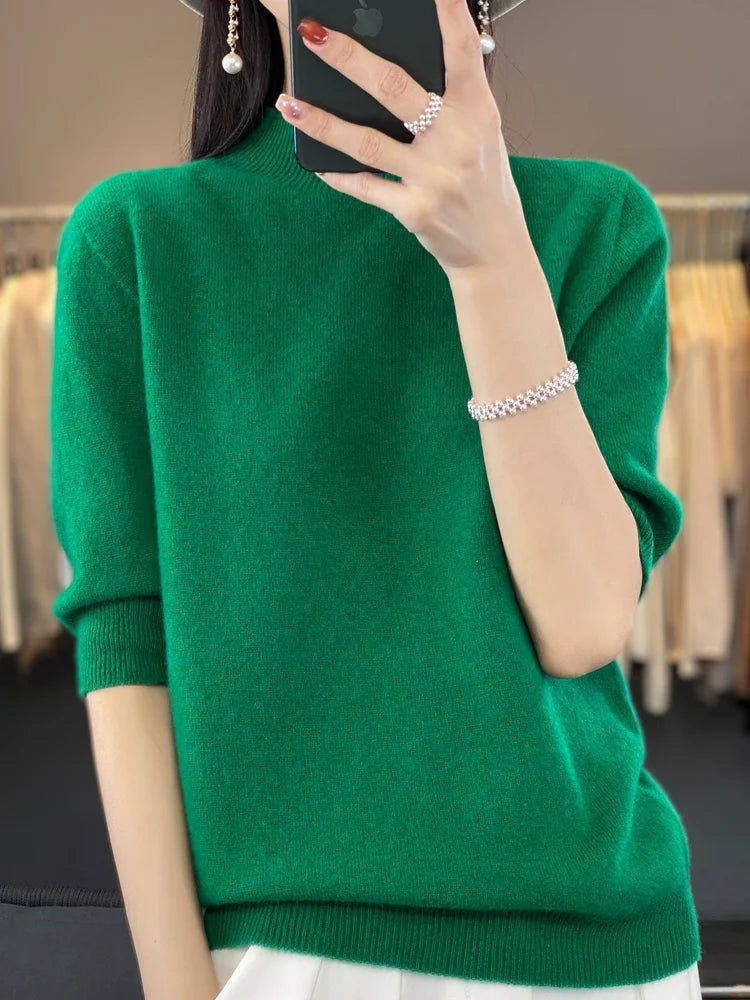 Women's Mock-Neck Cashmere and Merino Wool Spring Sweater with Half Sleeves Liograft