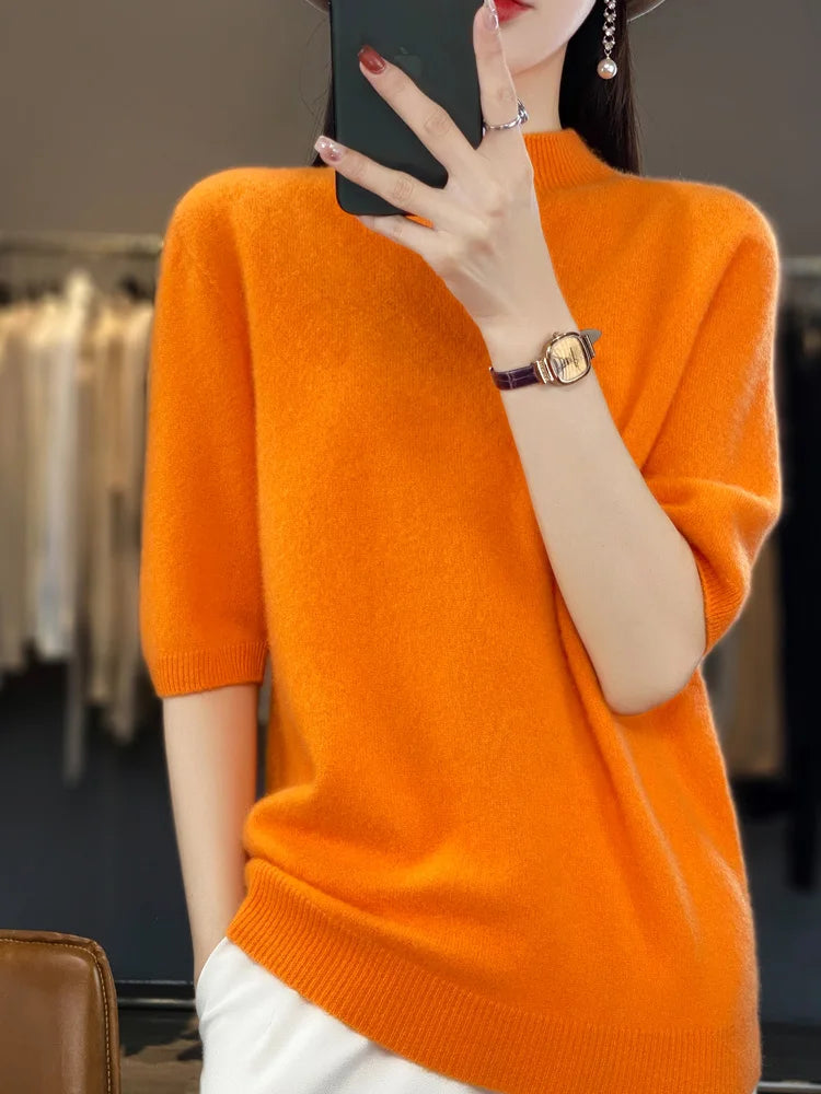 Women's Mock-Neck Cashmere and Merino Wool Spring Sweater with Half Sleeves Liograft